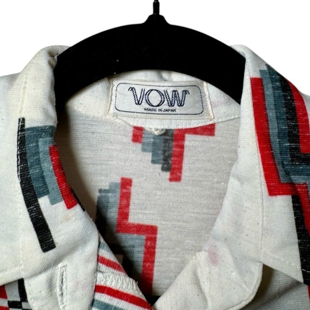 Vintage 70s VOW Aztec Red White Blue Short Sleeve Button Down Collared Shirt Med - Picture 2 of 4